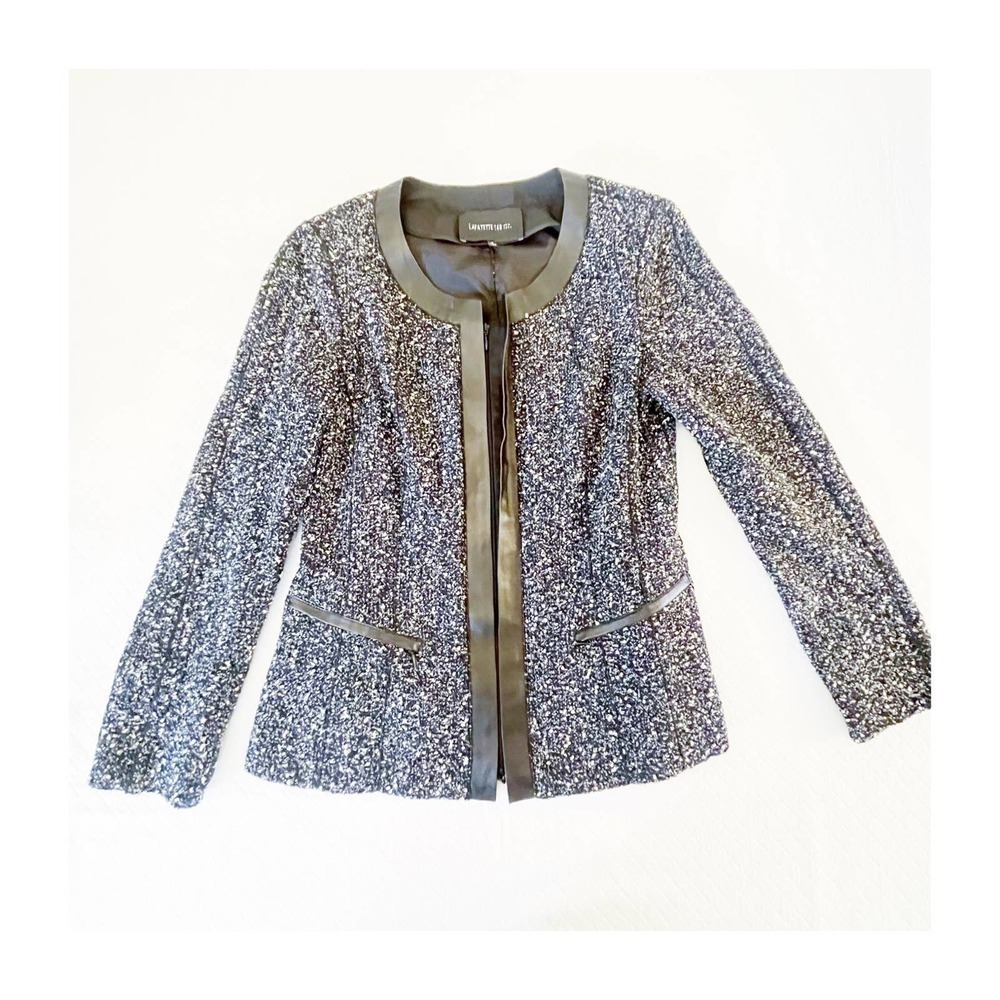 Lafayette 148 Black Wool Blazer Leather Trim Zipper Accents SZ4